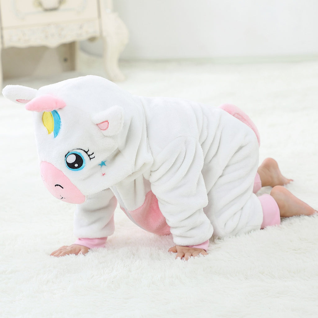 Male and female baby cartoon animal hat jumpsuit cross-border children's clothing cute ears flannel warm sleeping clothes