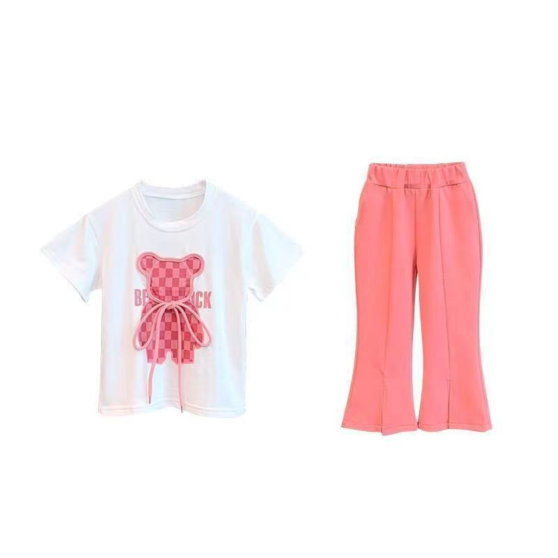 Summer new cartoon print T-shirt flared pants stylish bear baby girl short-sleeved net celebrity suit two-piece suit