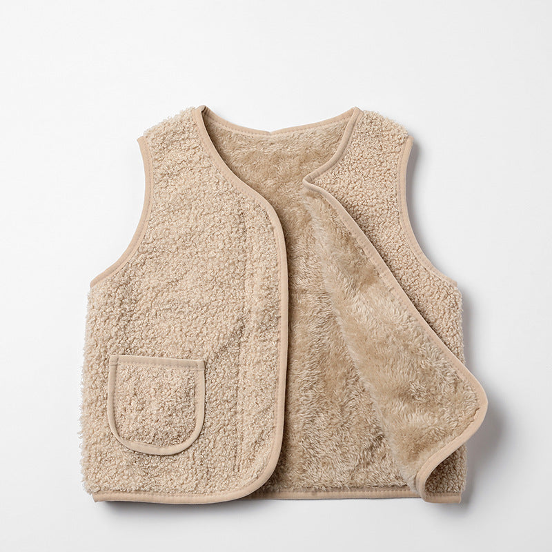 2024 autumn and winter new style boys plus velvet baby waistcoat children's outer wear lambskin vest girls warm cotton vest