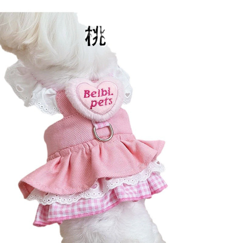 Pet spring and summer dog cat traction chest back 24 peach heart denim skirt clothes breathable chest back