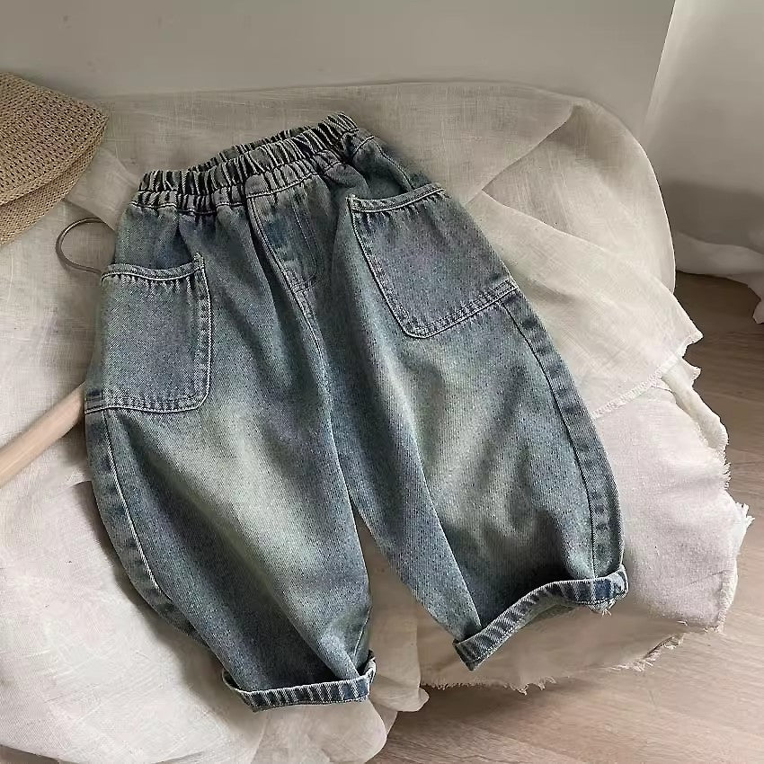 Children's 2025 spring and autumn new small and medium-sized children's baby casual trousers stylish side pocket grinding white boys jeans