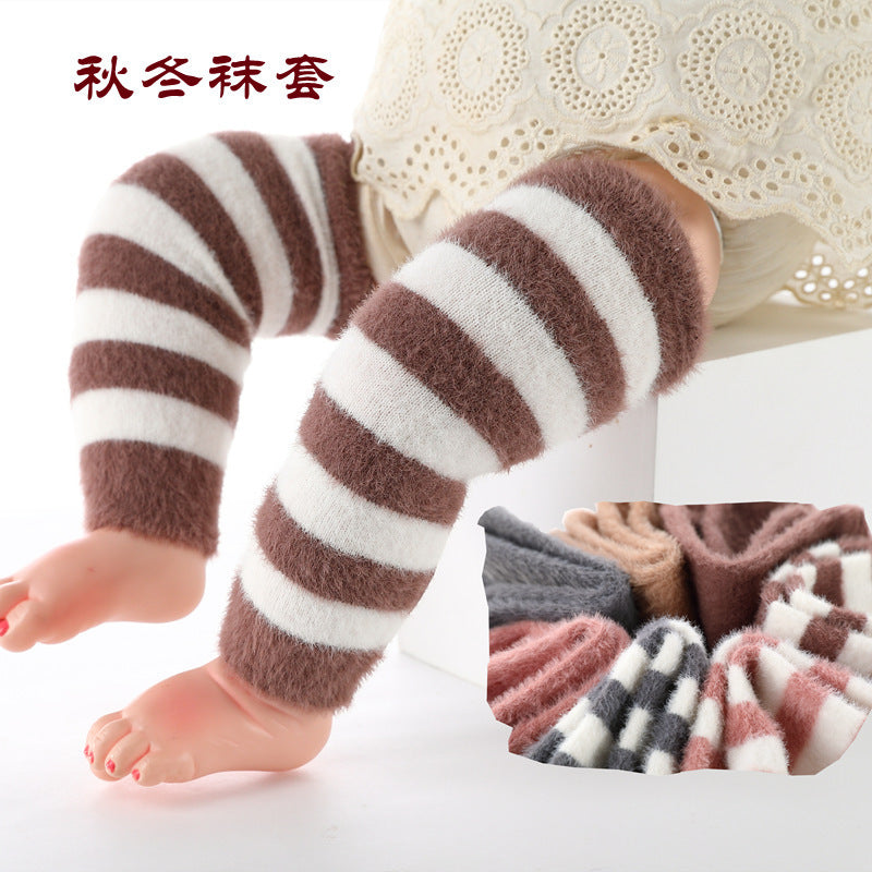 Autumn and winter baby leggings children's knee socks thick imitation mink velvet warm crawling loose striped long tube baby socks