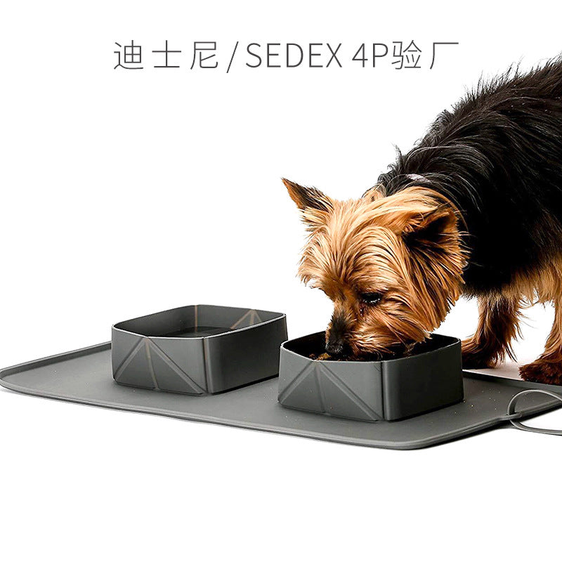 Pet Bowl Silicone Folding Pet Bowl Non-slip Dog Double Bowl Velvet Bag Dog Bowl Outdoor Pet Portable Dog Bowl