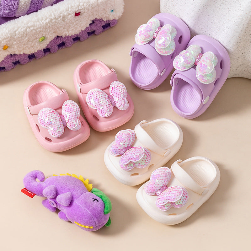Children's slippers for girls princess style going out non-slip soft-soled hole shoes fashionable bowknot girl baby closed-toe shoes