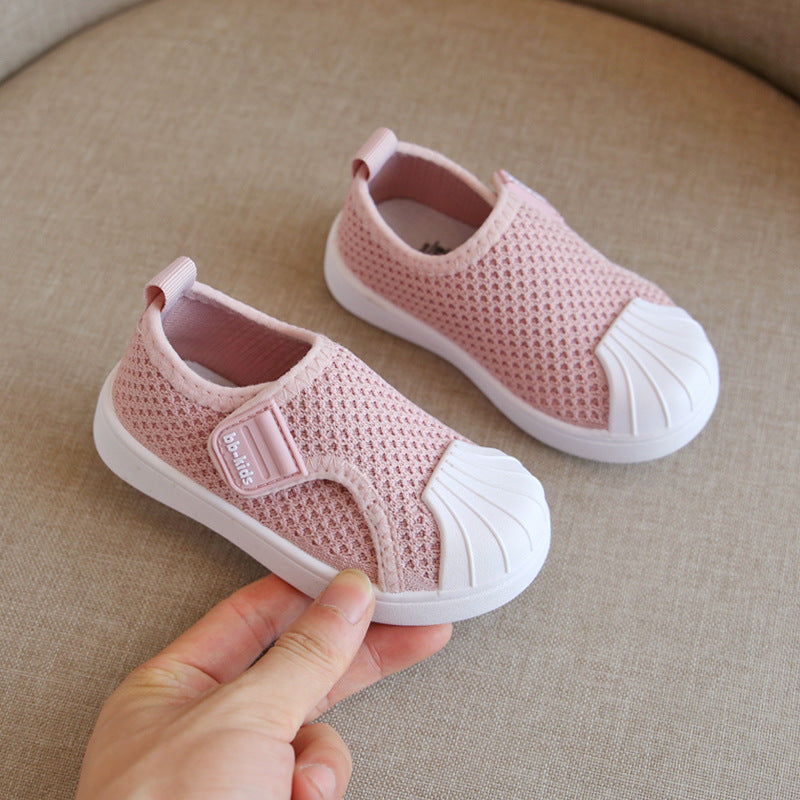 Spring and autumn children's shoes non-slip soft bottom children's sports shoes men and women small and medium children breathable flying woven board shoes shell head baby