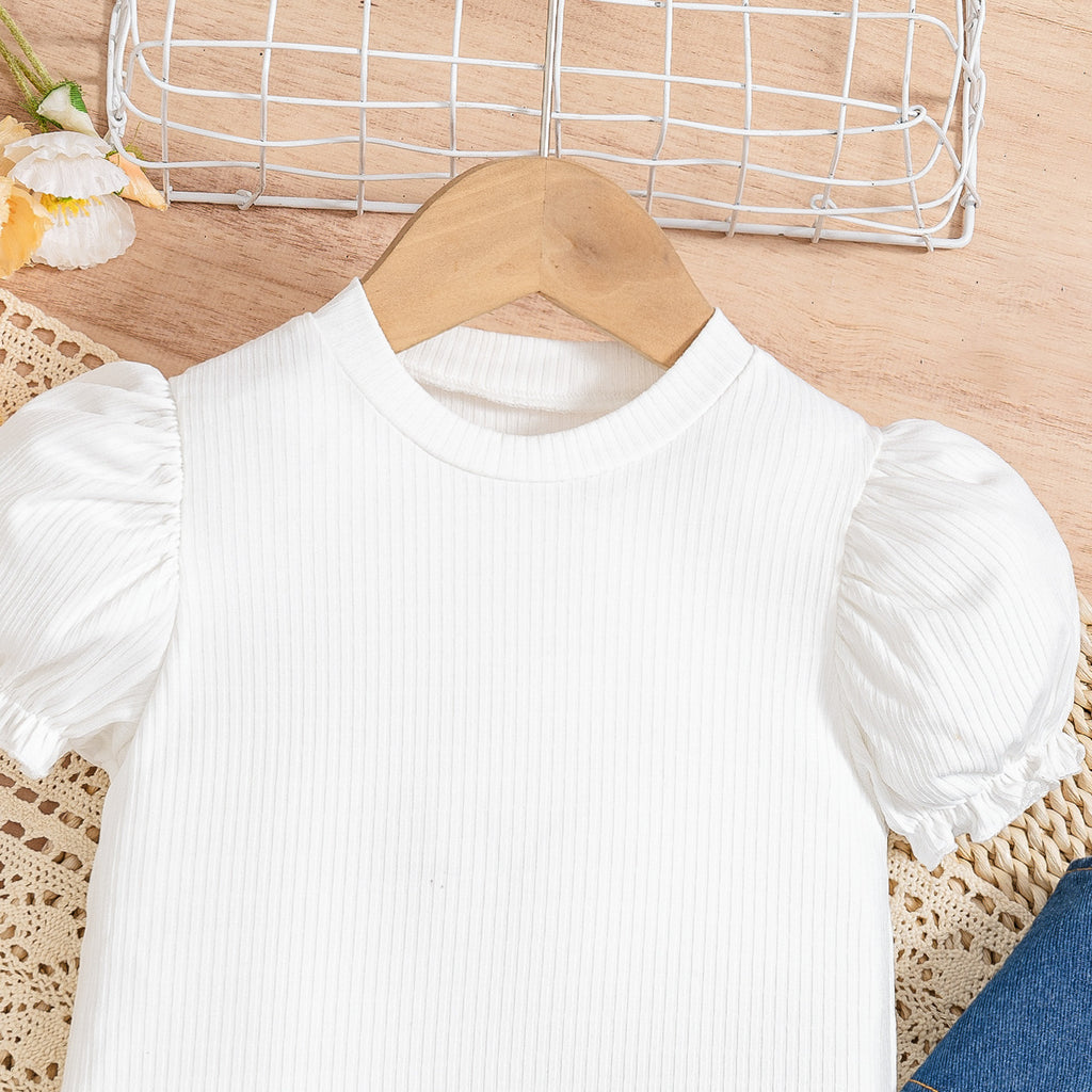 Amazon European and American hot selling baby girl summer suit puff sleeve short sleeve vest denim pants three pieces