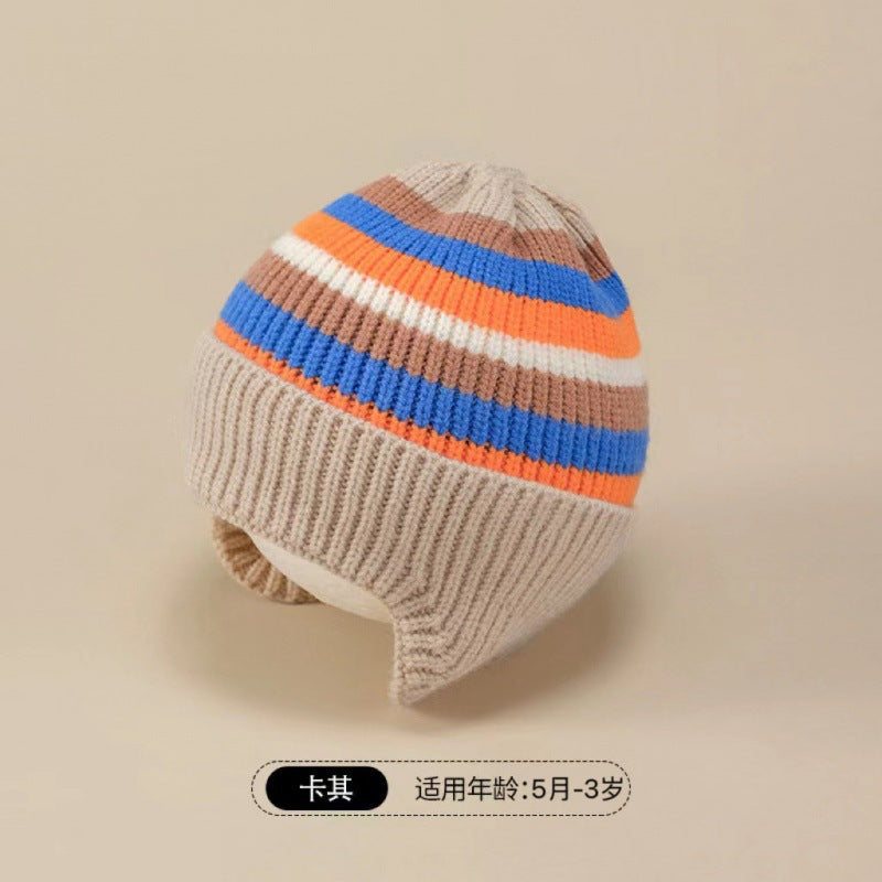 New autumn and winter children's warm hats cute bear double ball hats infant baby warm ear protection knitted wool hat