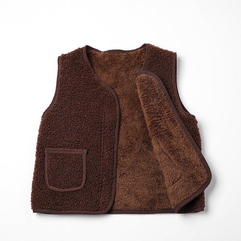 2024 autumn and winter new style boys plus velvet baby waistcoat children's outer wear lambskin vest girls warm cotton vest