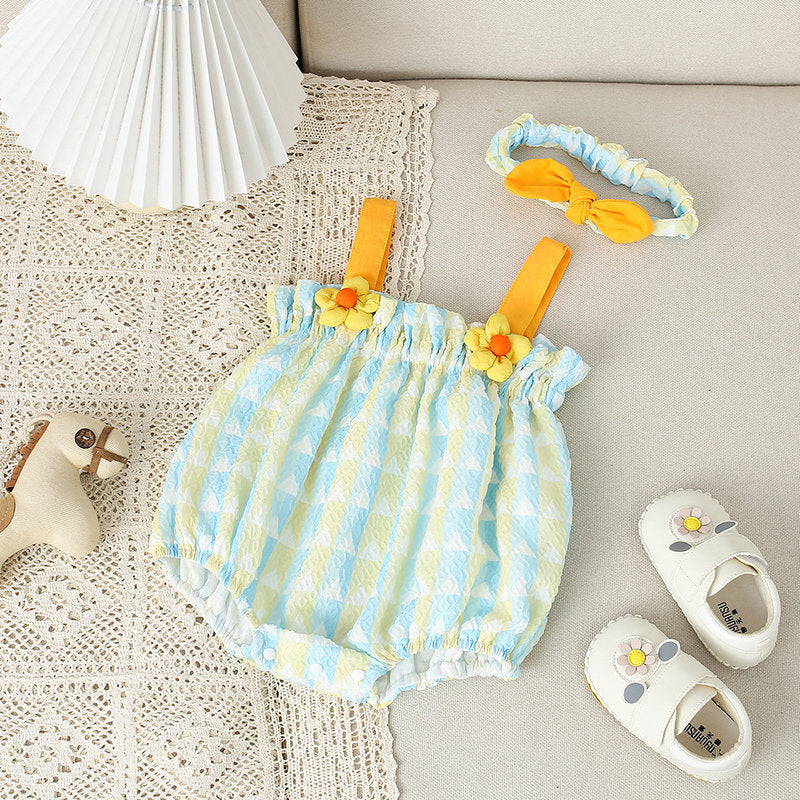 New summer Korean style baby girl three-dimensional flower striped sling lantern fart clothes trendy