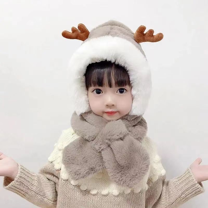 Winter outdoor children's hat scarf integrated boys and girls thick warm plush cute baby deer antler ear protection hat