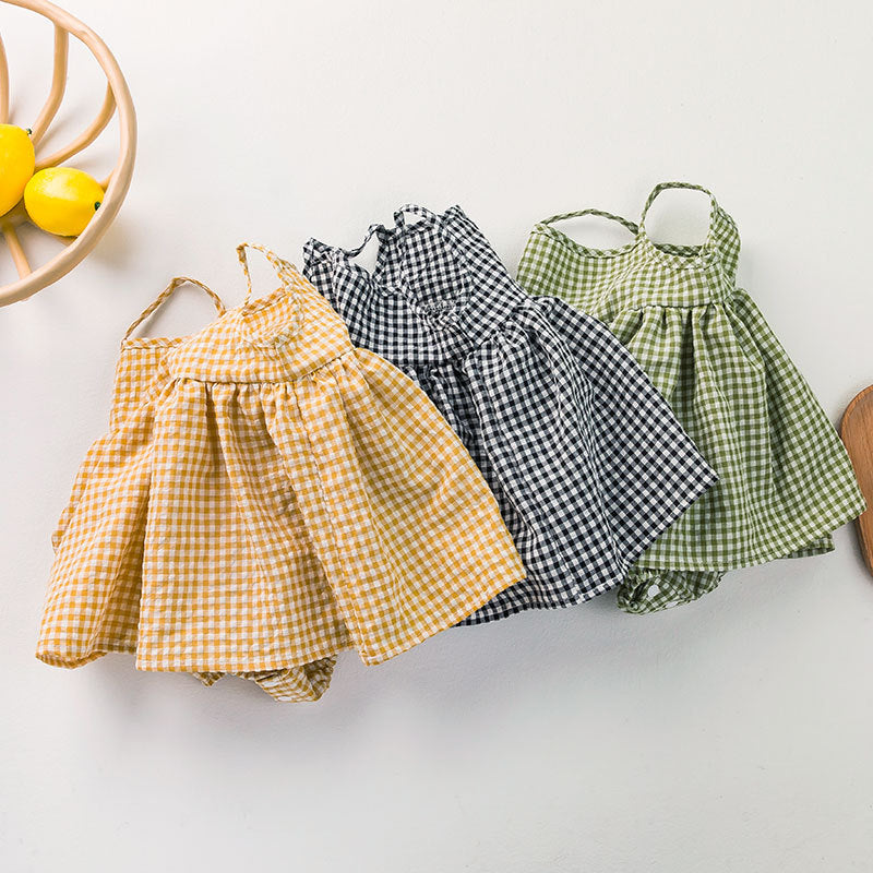 Korean version of ins children's clothing newborn clothes fart clothes thin baby bubble yarn plaid baby sling dress