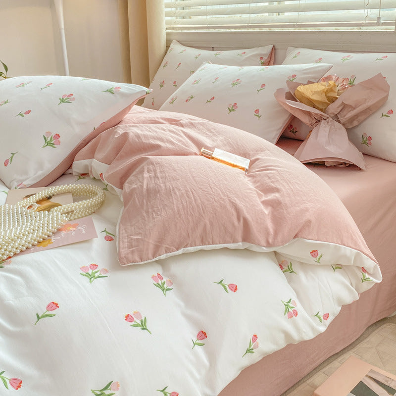 A-grade mother and baby grade four-piece set double-layer yarn pure washed cotton full quilt cover ins style bed sheet dormitory bed sheet 4 three-piece set