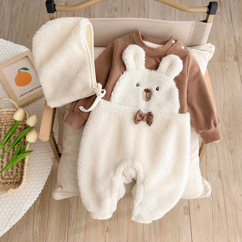 Newborn baby clothes, autumn and winter clothes for going out, cute baby boy jumpsuits, plus velvet, warm going out clothes, winter clothes