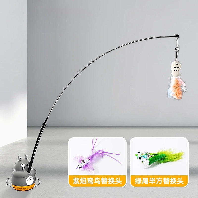 Cartoon chinchilla 360 rotating fishing cat teaser stick self-entertainment replaceable feather long rod cat teaser pet toy