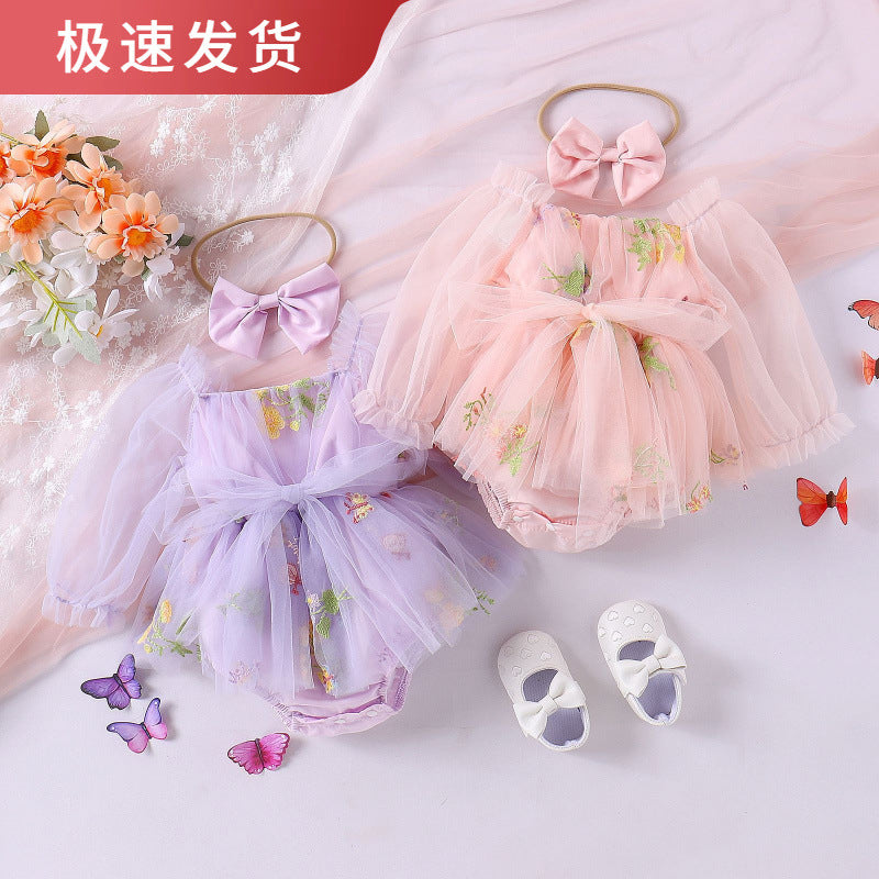 Baoxin children's clothing Korean version baby girl autumn flower embroidery mesh sleeves skirt two colors open crotch cover fart romper