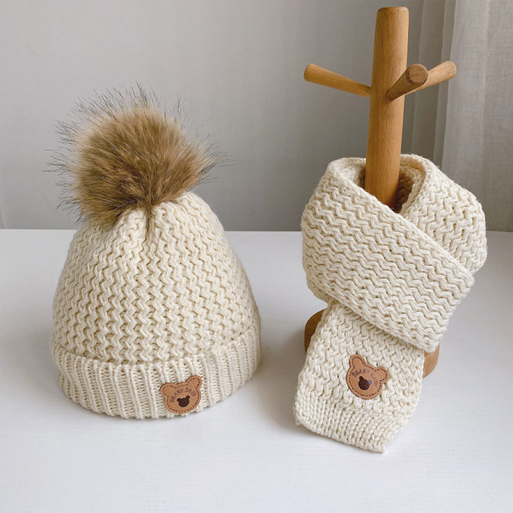 Children's hat scarf set for boys and girls winter warm cotton lining wool hat baby two-piece hat