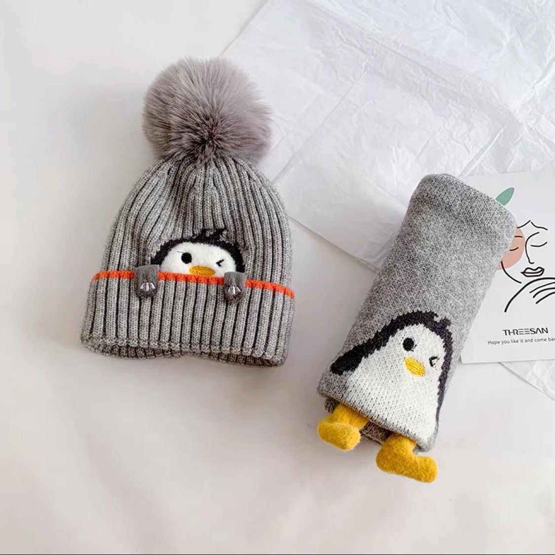 Children's hat scarf set for boys and girls winter warm cotton lining wool hat baby two-piece hat