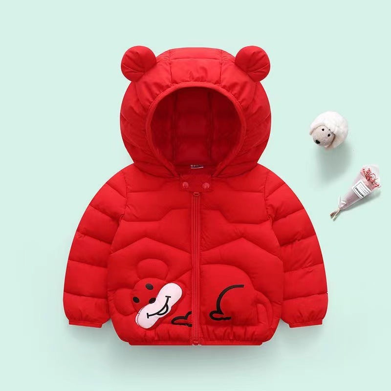 Off-season 2023 new children's cotton clothing for small and medium-sized children, baby ears hooded boys and girls autumn and winter cartoon thickened coats
