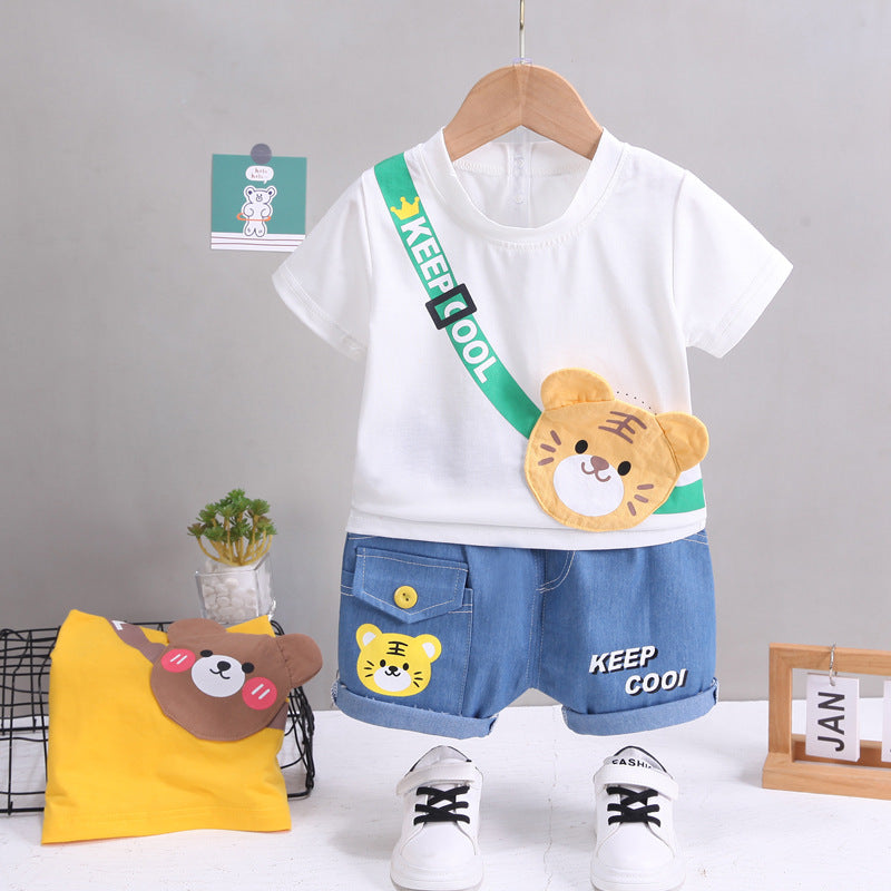 Summer Korean version of children's clothing children's short-sleeved shorts suit Western style baby summer clothing children's shoulder bag T-shirt cartoon suit 5