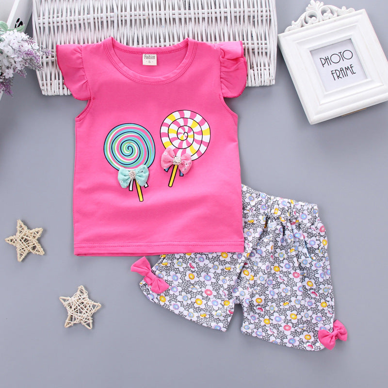 Korean children's clothing summer clothes girls summer cartoon flower vest suit 0-4 years old baby girl shorts two-piece suit trendy