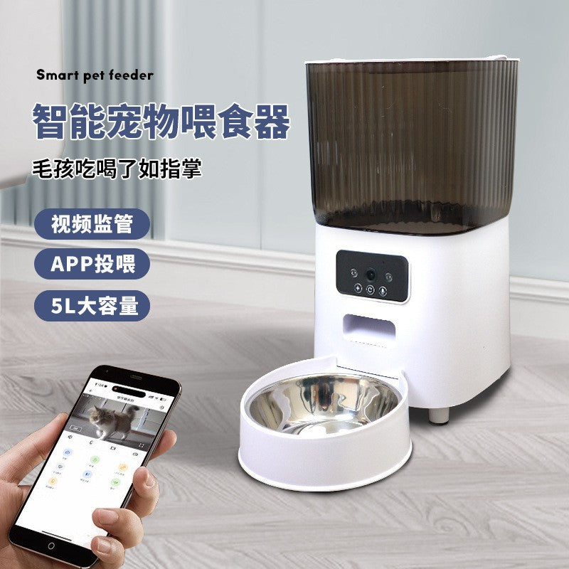 Smart automatic pet feeder with timed and quantitative feeding function, remote control, double bowl for cat and dog food, wholesale