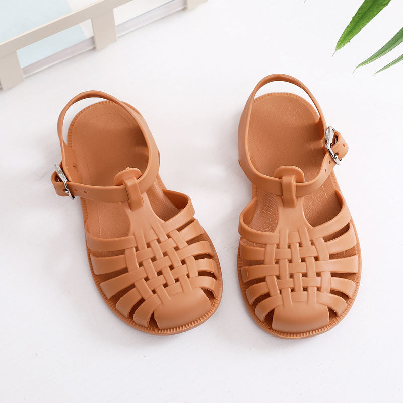Summer children's jelly shoes baby toddler shoes for middle and large boys and girls with closed toe Roman shoes with soft bottom and flat bottom hole shoes