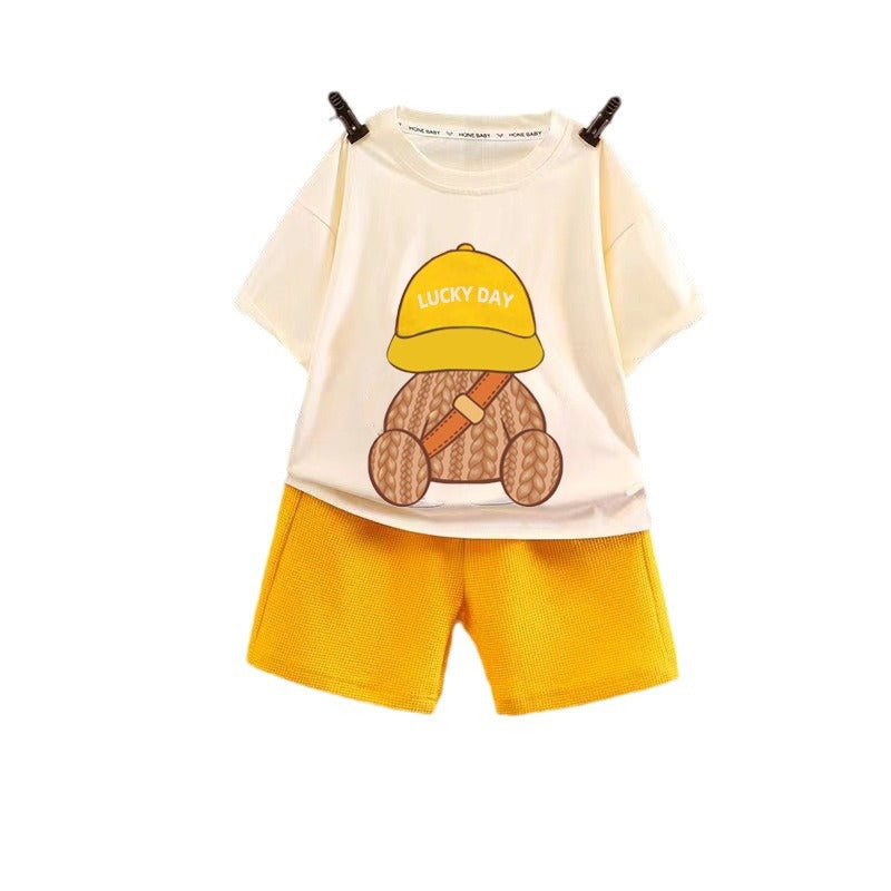 Summer children's short-sleeved shorts suit boy loose casual clothes boy waffle baby children's clothing wholesale