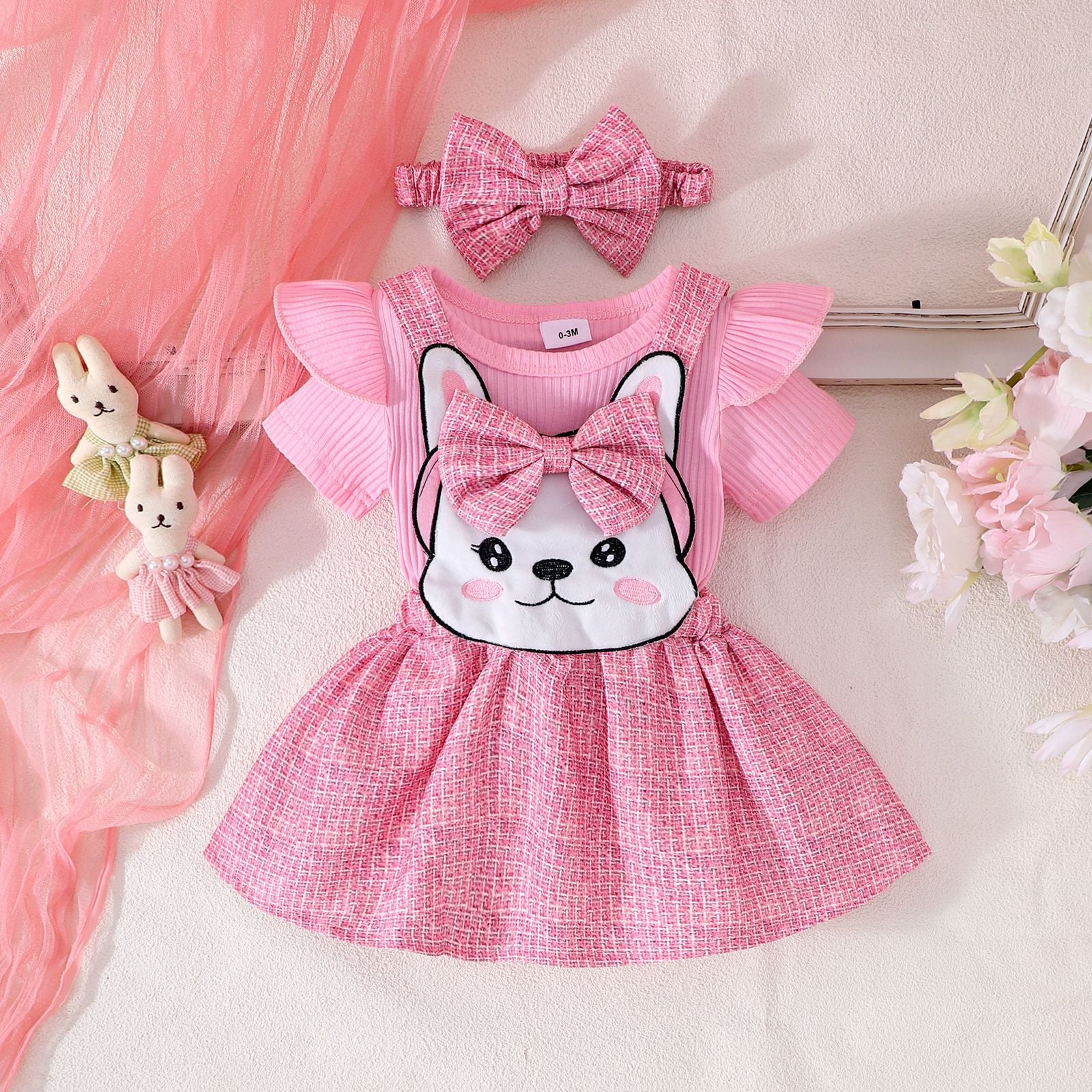 Cross-border European and American summer baby girl suits for infants and young children multi-color rompers with short sleeves, animal patch overalls and headdresses