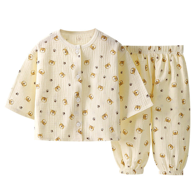 Children's thin double-layer cotton gauze boy's pajamas summer girl's home clothes boy's baby long-sleeved bloomers suit