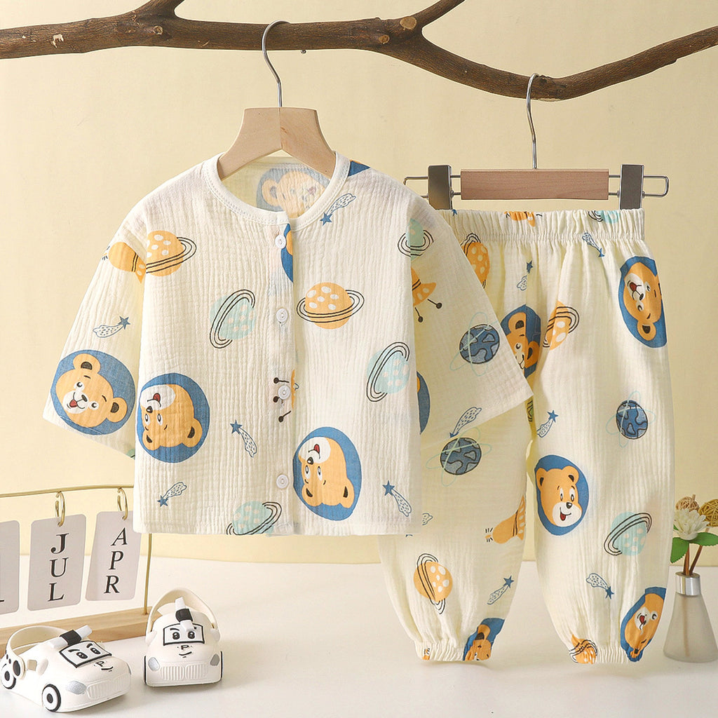 Children's thin double-layer cotton gauze boy's pajamas summer girl's home clothes boy's baby long-sleeved bloomers suit
