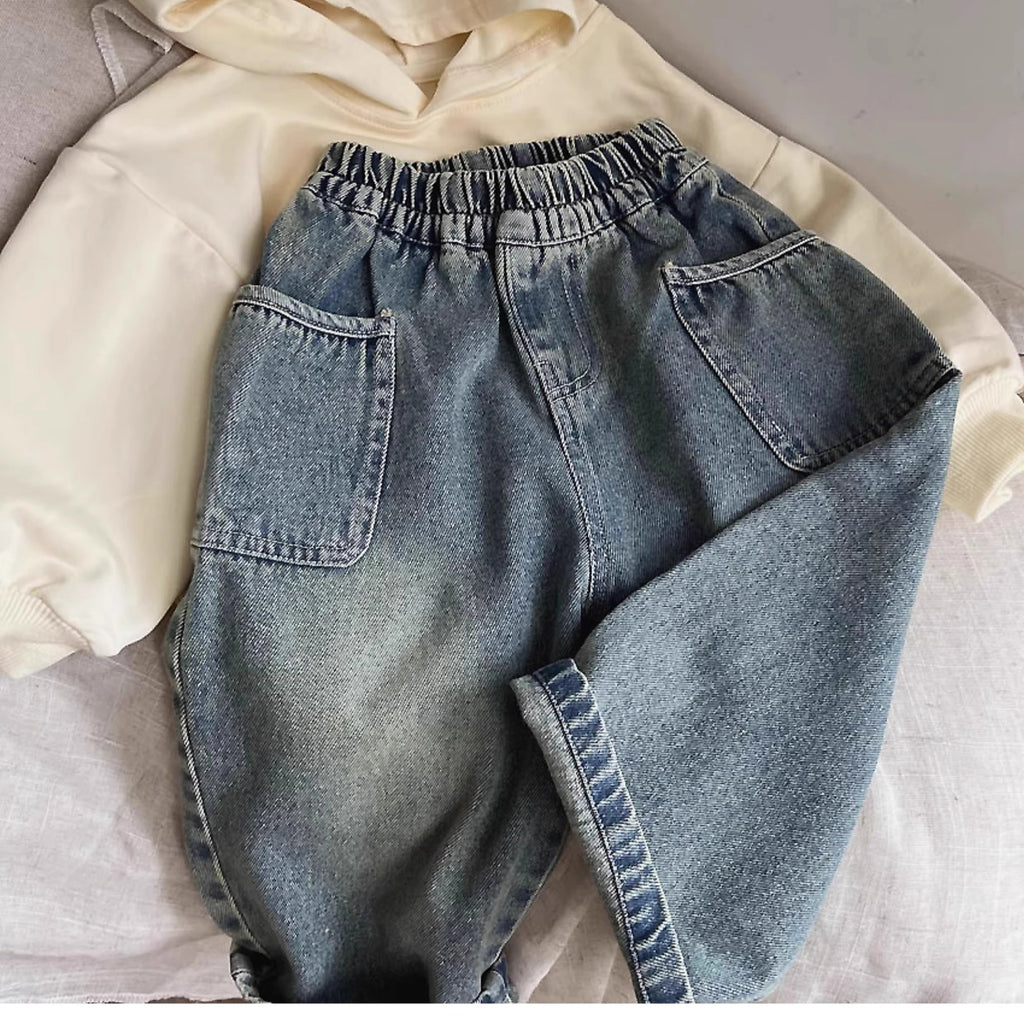 Children's 2025 spring and autumn new small and medium-sized children's baby casual trousers stylish side pocket grinding white boys jeans