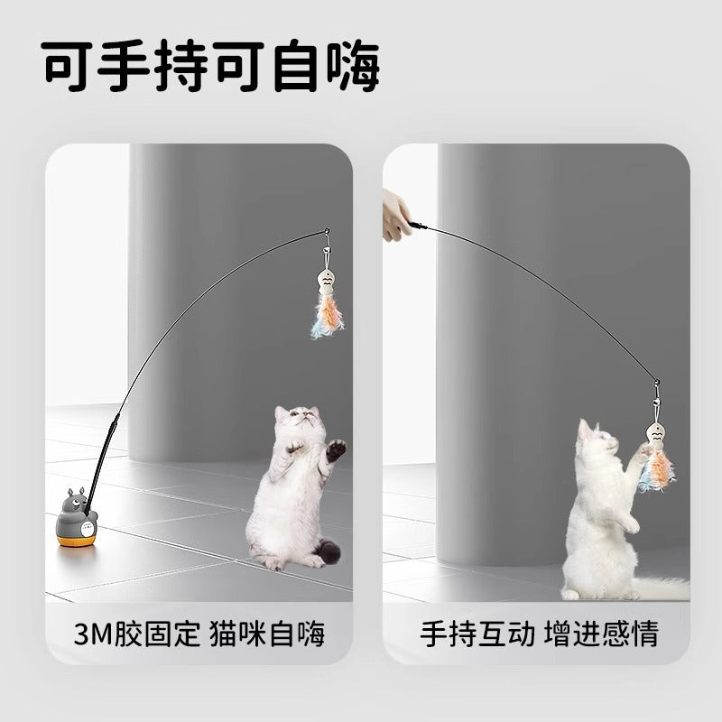 Cartoon chinchilla 360 rotating fishing cat teaser stick self-entertainment replaceable feather long rod cat teaser pet toy