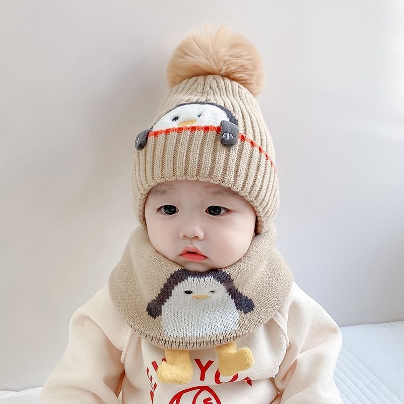 Children's hat scarf set for boys and girls winter warm cotton lining wool hat baby two-piece hat