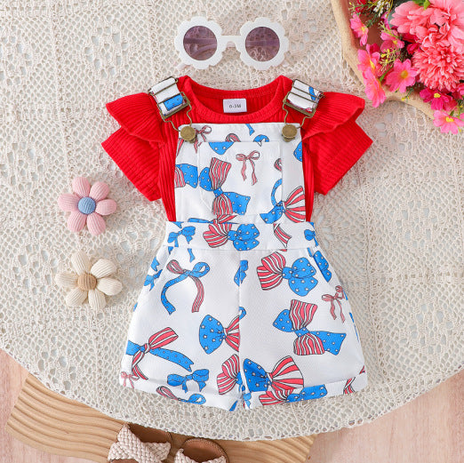 Foreign trade cross-border European and American summer baby girl suits infant and toddler flying sleeve short-sleeved romper printed overalls