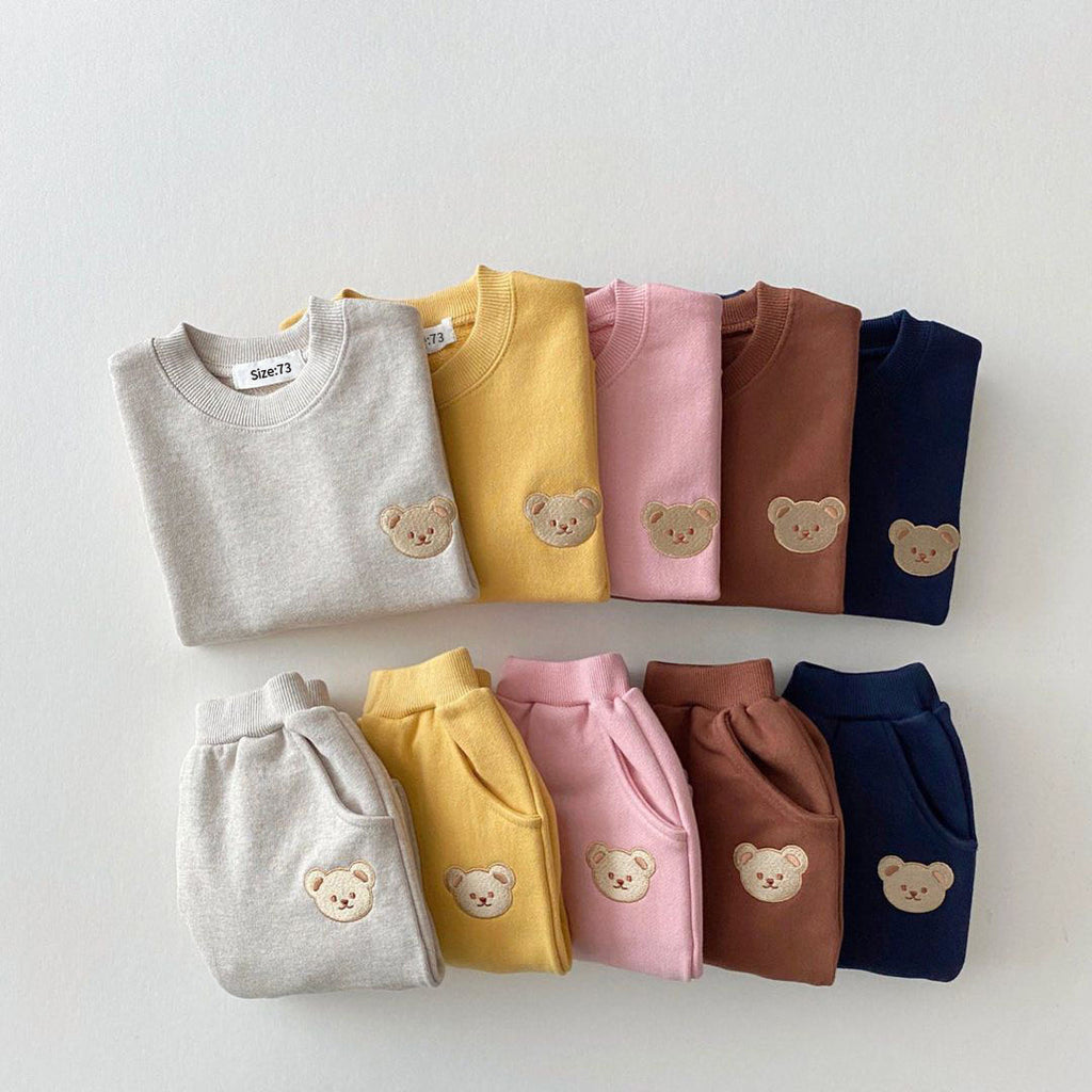 Korean version ins newborn baby cotton bear round neck sweater sports suit baby casual cartoon two-piece suit