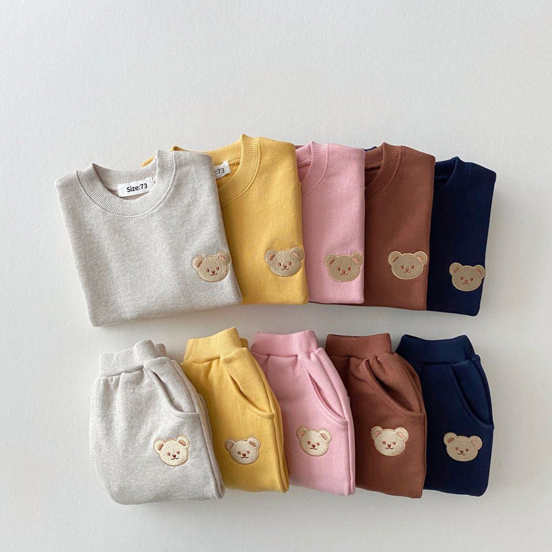 Korean version ins newborn baby cotton bear round neck sweater sports suit baby casual cartoon two-piece suit