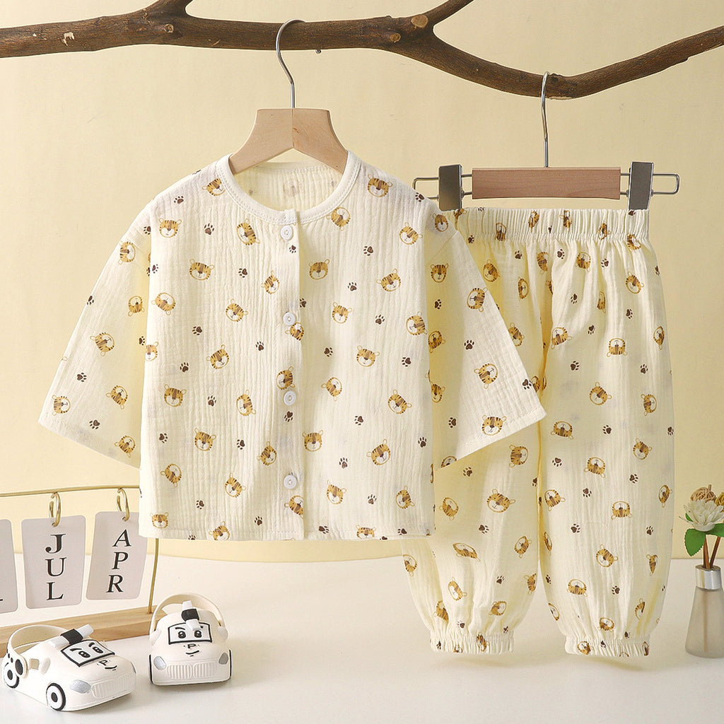 Children's thin double-layer cotton gauze boy's pajamas summer girl's home clothes boy's baby long-sleeved bloomers suit