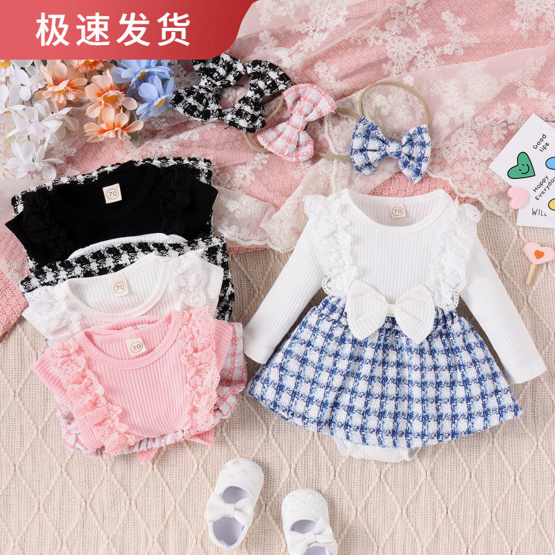 Baoxin children's clothing Xiaoxiang style autumn and winter baby girl lace long sleeve splicing woven plaid skirt bowknot romper
