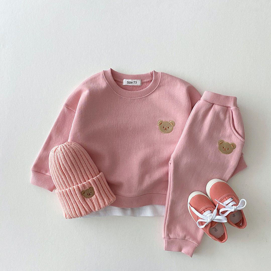 Korean version ins newborn baby cotton bear round neck sweater sports suit baby casual cartoon two-piece suit