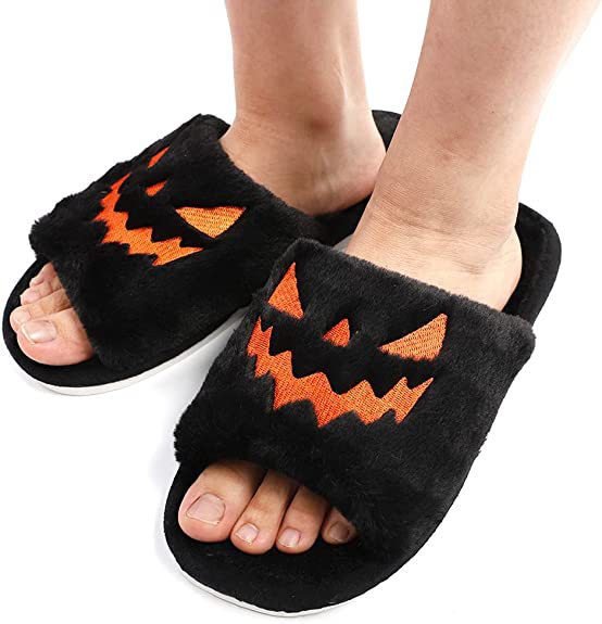 Cross-border plus size slippers female Halloween pumpkin lantern soft European and American plush open toe outer wear plush