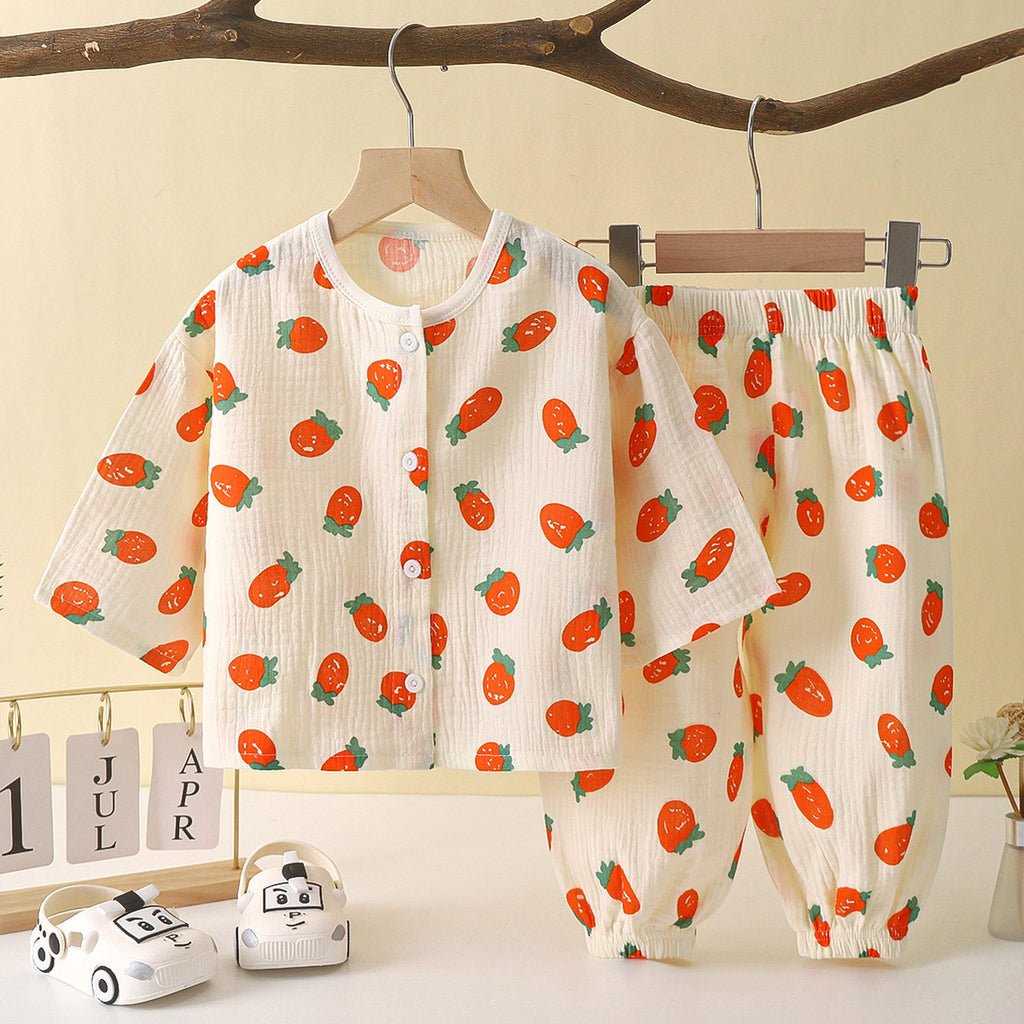Children's thin double-layer cotton gauze boy's pajamas summer girl's home clothes boy's baby long-sleeved bloomers suit