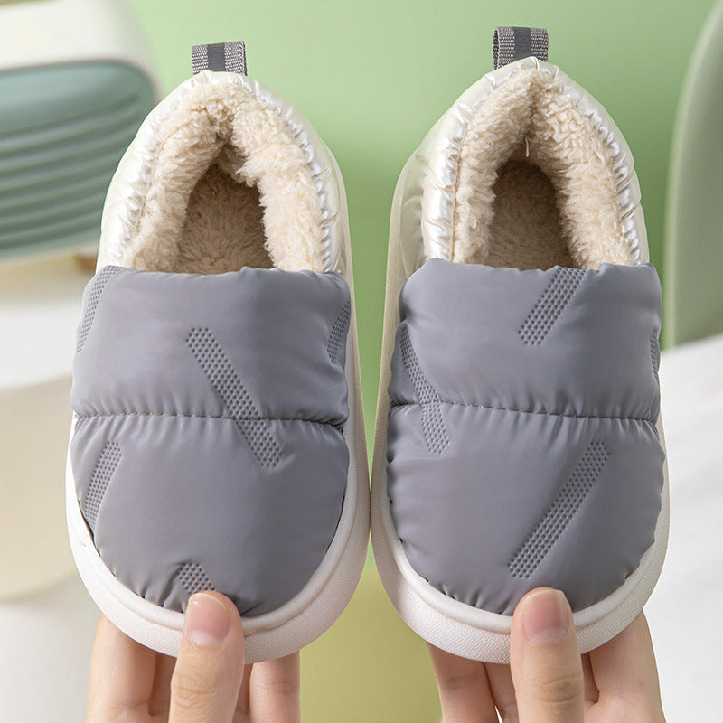 Children's cotton slippers for winter with heels, waterproof and non-slip, small, medium and large boys and girls, thick soft sole, plus velvet, warm baby cotton shoes