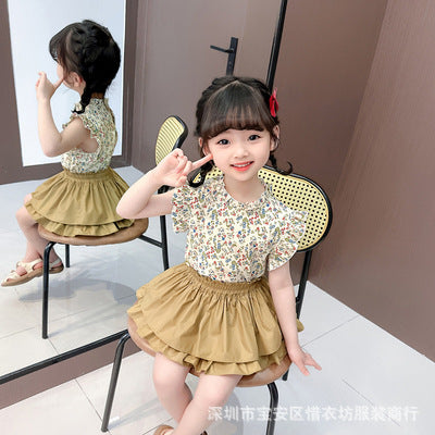Korean children's clothing summer new style girls' fashionable suit baby floral ruffle shirt flower bud pants two-piece suit trendy