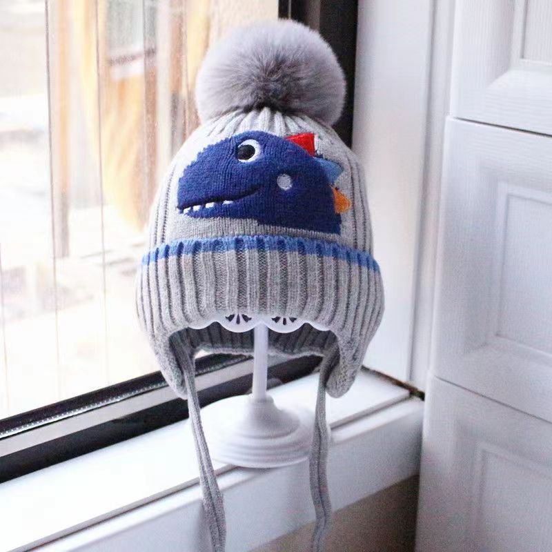 New autumn and winter children's warm hats cute bear double ball hats infant baby warm ear protection knitted wool hat