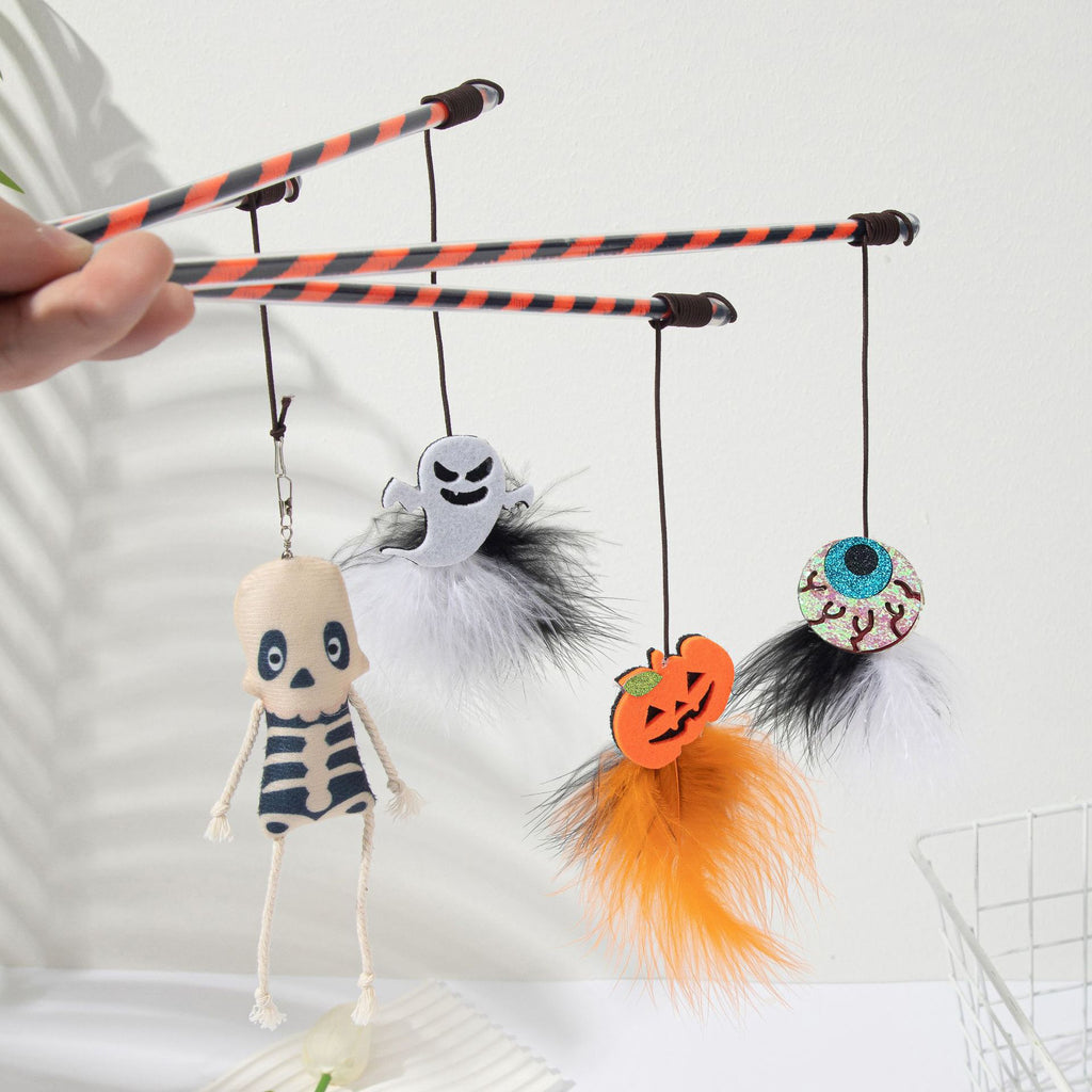 Cross-border new Halloween cat toys new cat teaser pumpkin ghost feather bell plastic cat toy manufacturer