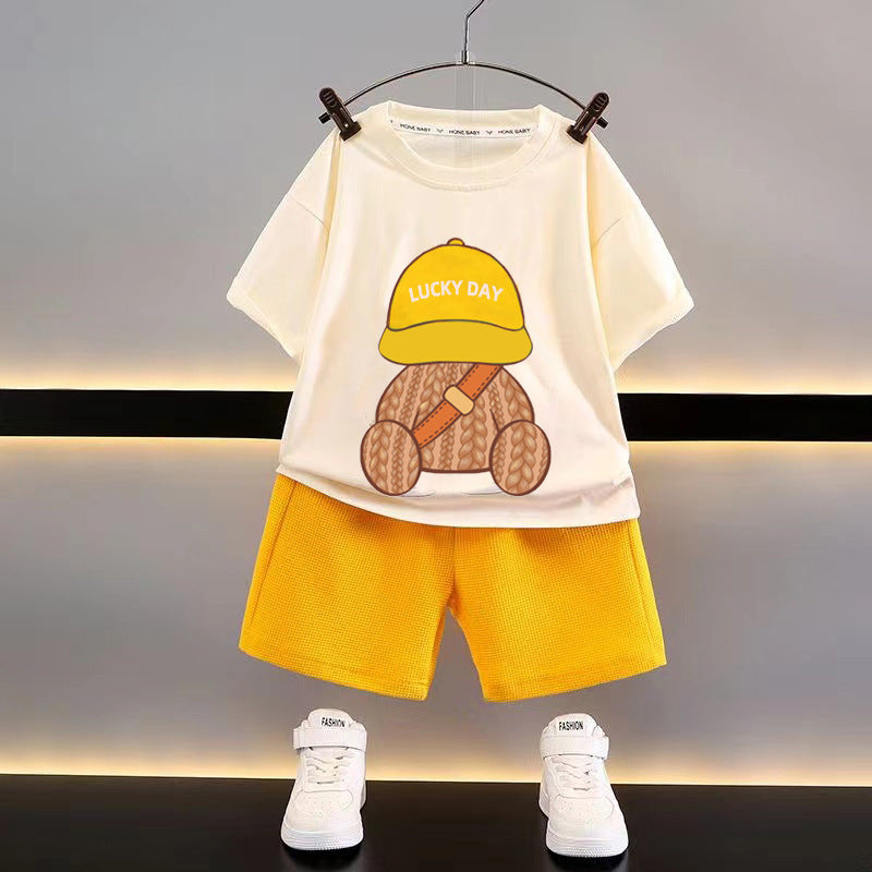 Summer children's short-sleeved shorts suit boy loose casual clothes boy waffle baby children's clothing wholesale