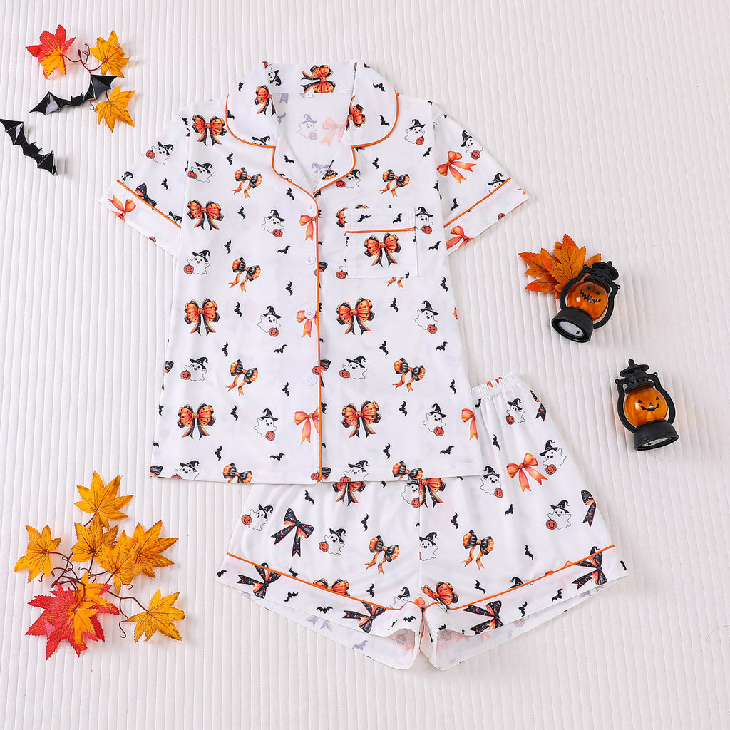 Cross-border foreign trade new European and American women's pajamas Halloween print lapel short-sleeved shorts European and American home clothes suit