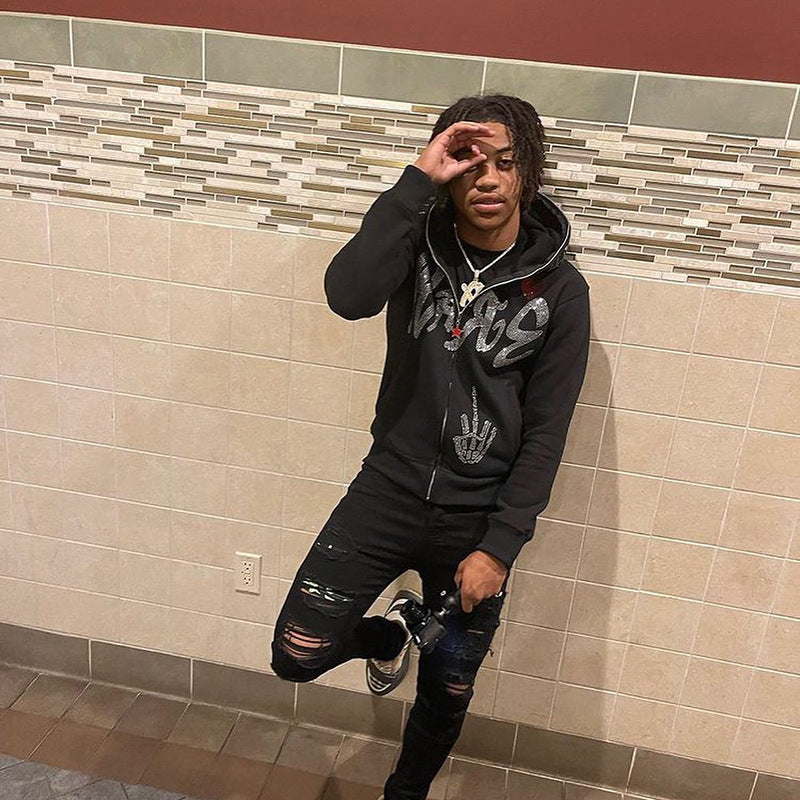 2022 Halloween cross-border new European and American autumn and winter men and women Y2K trend rhinestone loose hooded cardigan sweater