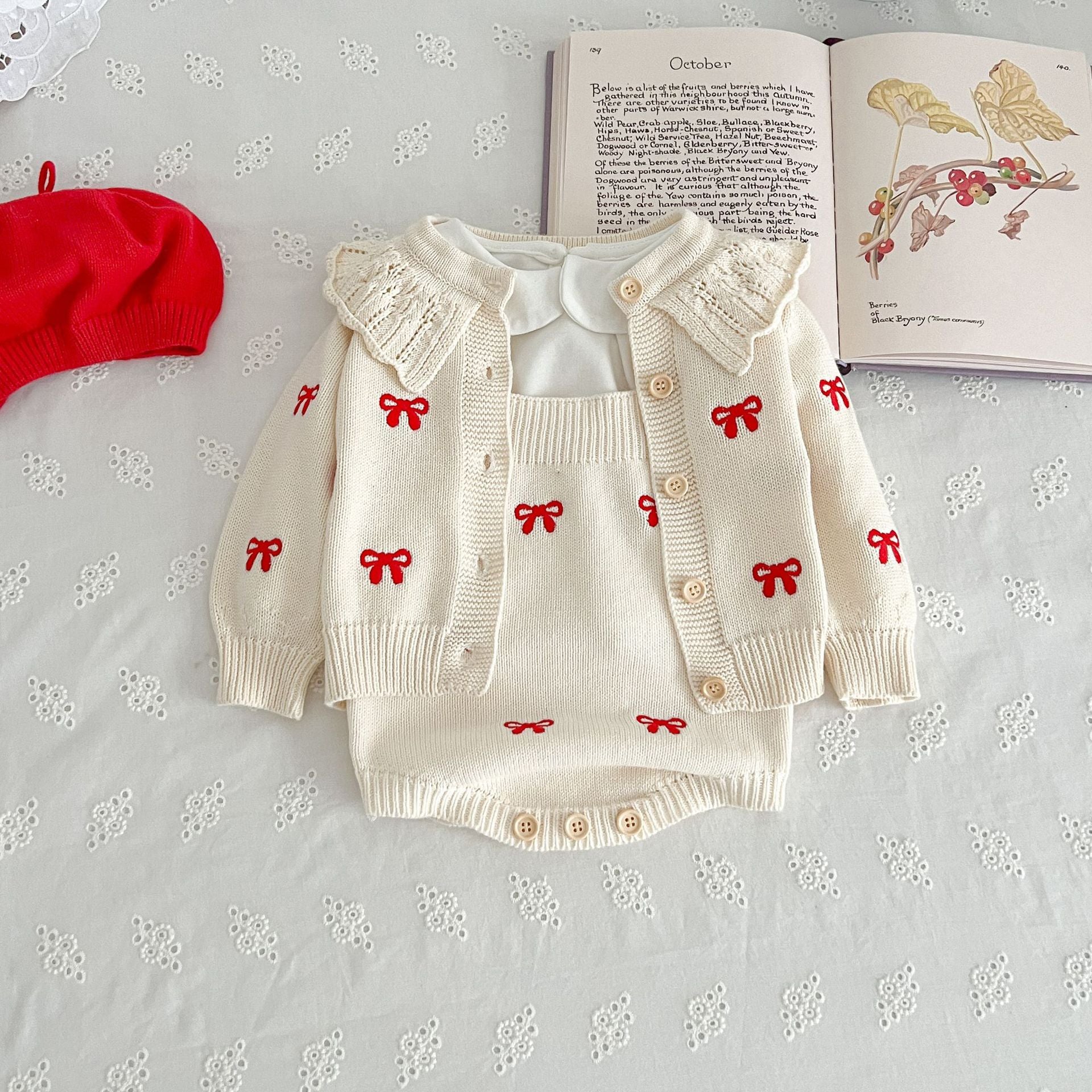 ins Korean baby coat embroidery knitted cardigan baby girl sweater cotton yarn princess top jumpsuit suit