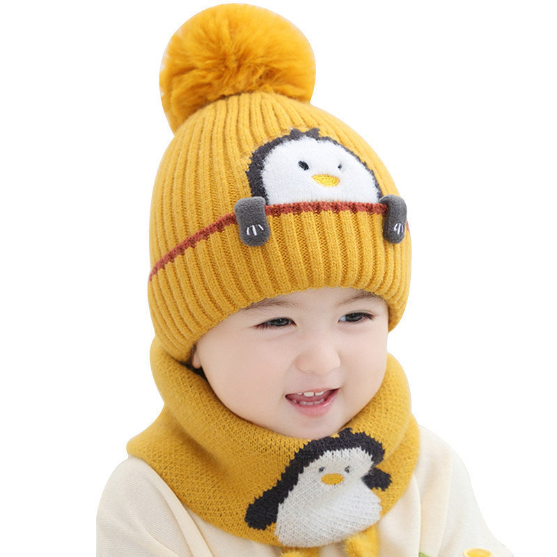 New autumn and winter children's warm hats cute bear double ball hats infant baby warm ear protection knitted wool hat
